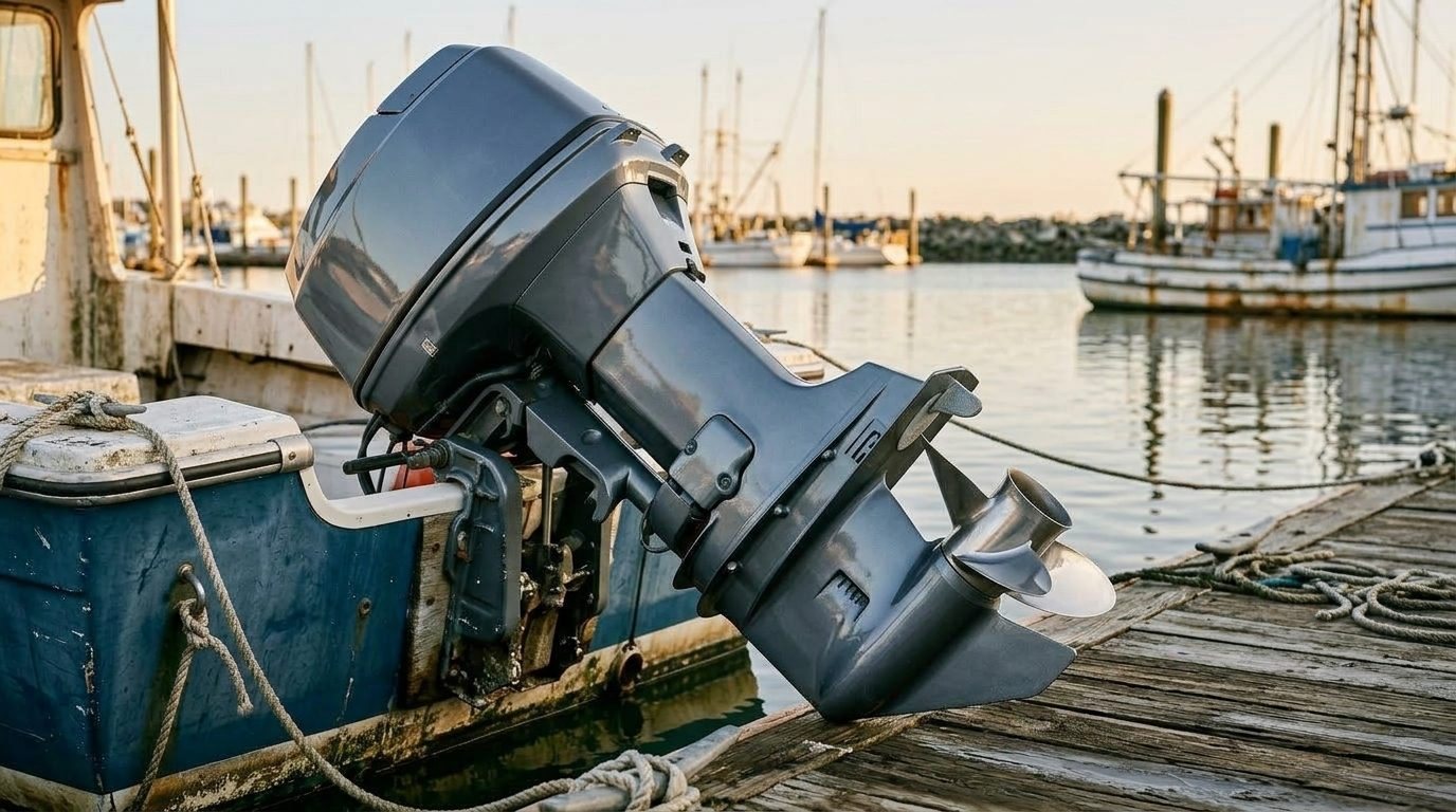 The same outboard serviced: clean cowling, bright metal, fresh anode, sharp propeller