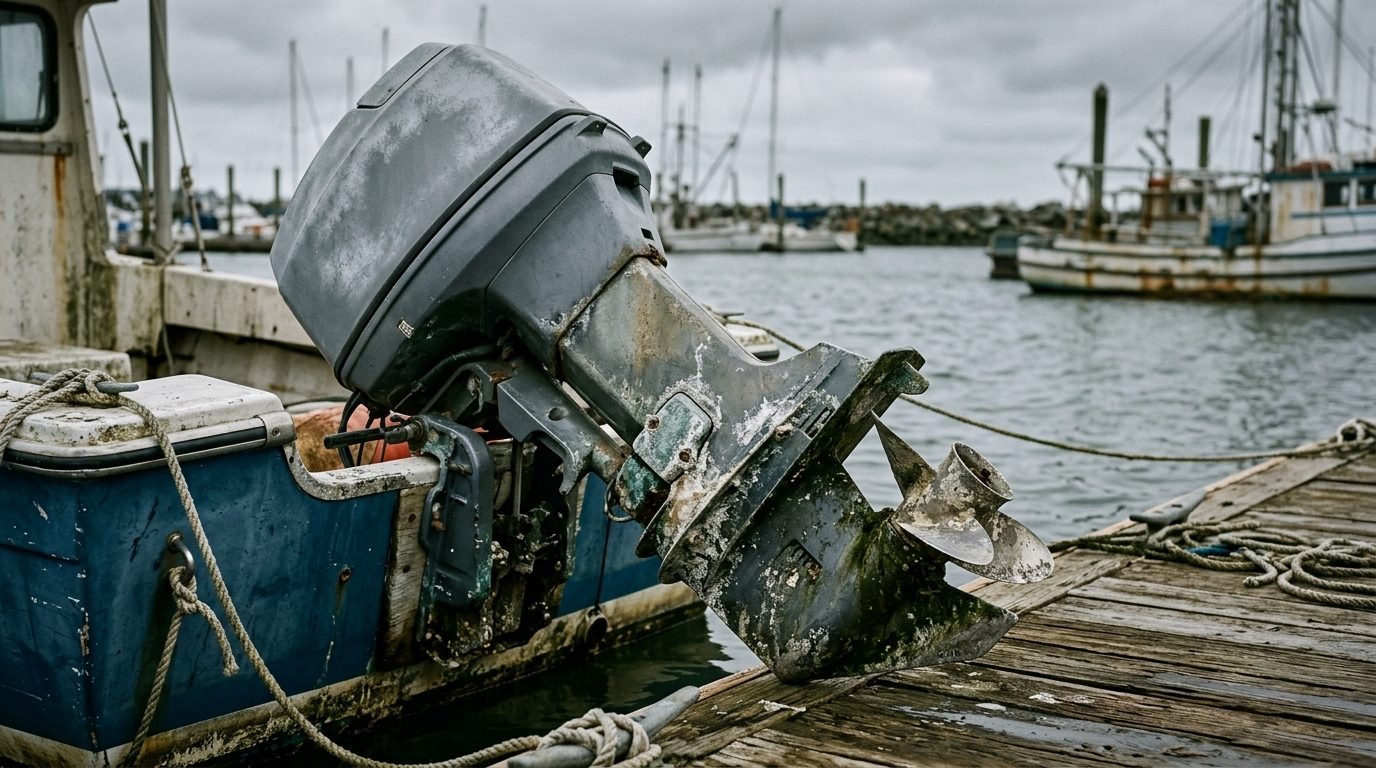A neglected outboard: salt crust, corroded bracket, wasted anode, damaged propeller