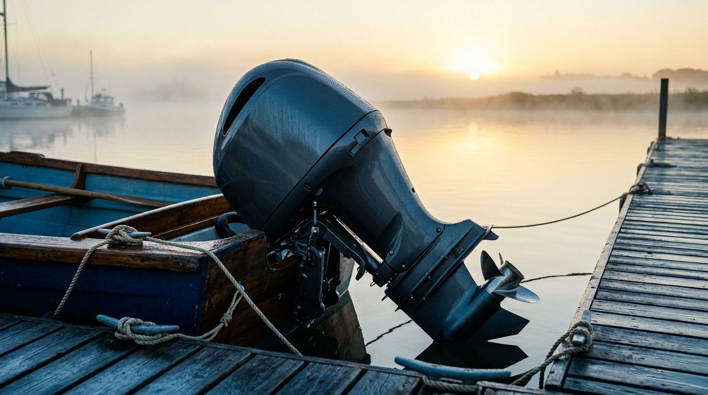 An outboard motor on the transom of a boat at a dock at dawn